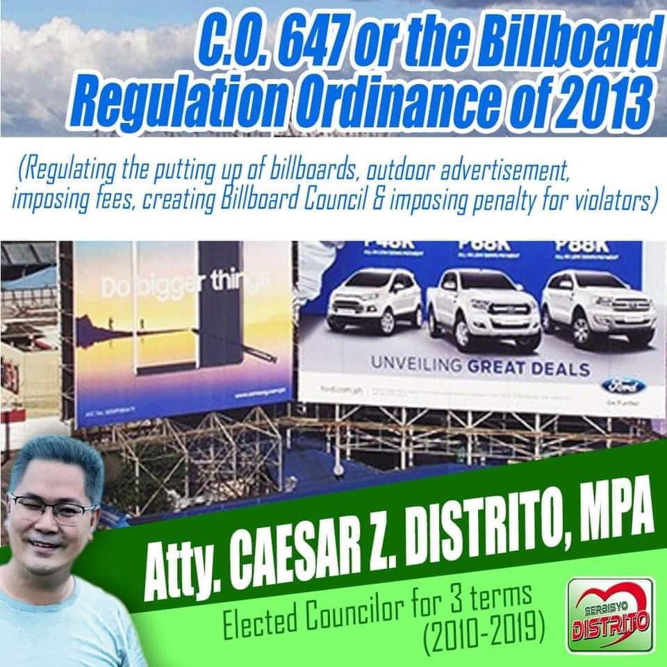 C.O. #647 – The Billboard Regulation Ordinance of 2013 Passed by Atty. Caesar Distrito