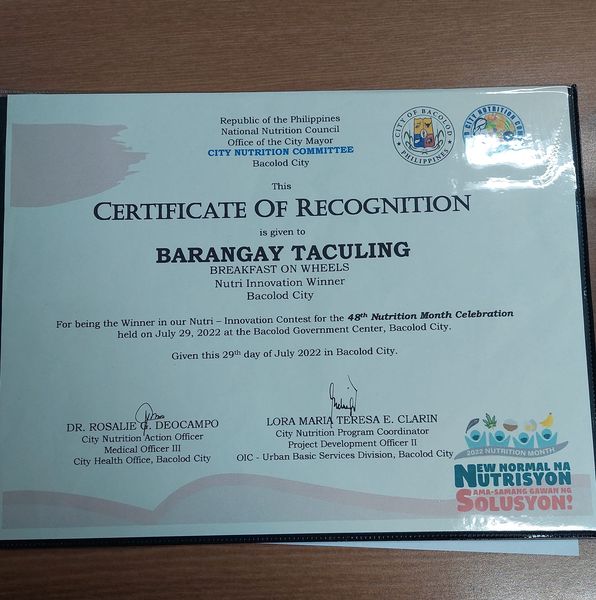 Barangay Taculing BREAKFAST ON WHEELS nagbaton sng award as WINNER in Nutri- Innovation Contest for 48th Nutrition Month Celebration – Kap Gles Gonzales Pallen